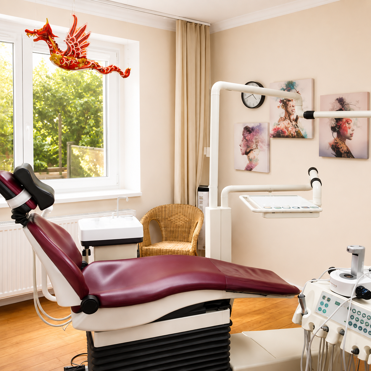 Behandlungseinheit mit Instrumenten und Bildern an der Wand